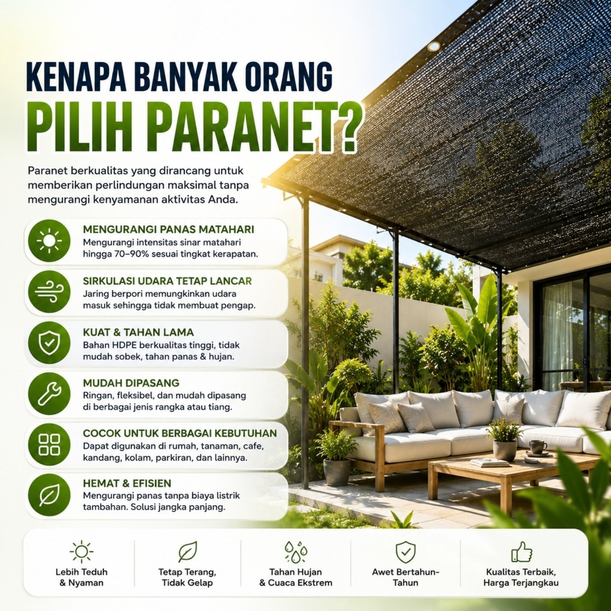 💥Garansi penggantian gratis selama lima tahun, jaring peneduh 99,99%, tahan api, tahan hujan, dan tahan radiasi.