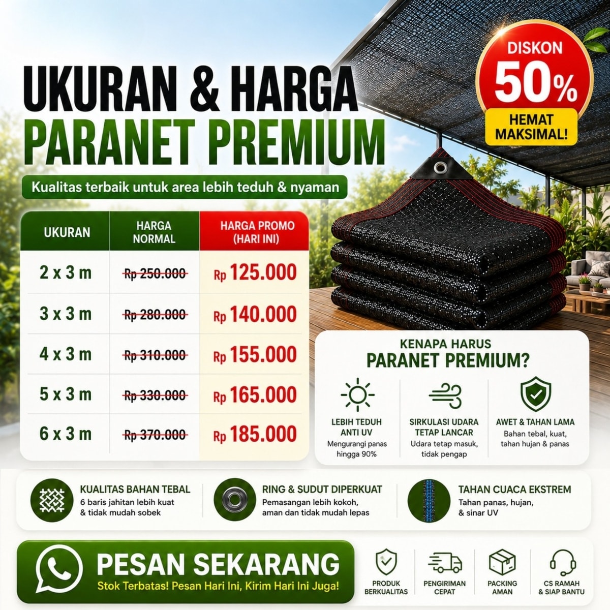💥Garansi penggantian gratis selama lima tahun, jaring peneduh 99,99%, tahan api, tahan hujan, dan tahan radiasi.